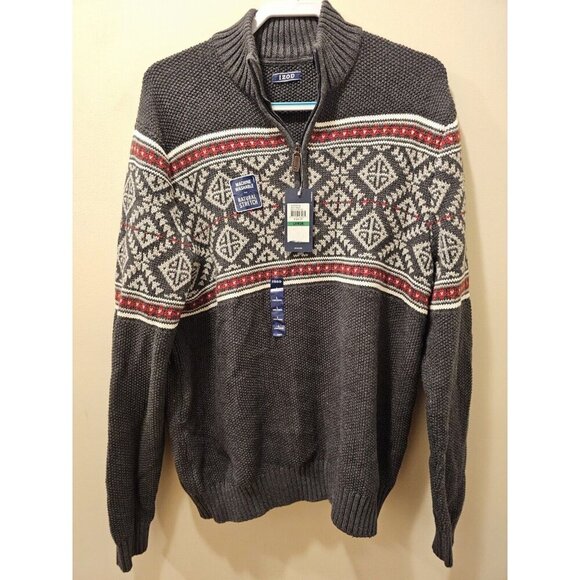 NWT‎ Men's IZOD Fair Isle 1/4 Zip Sweater Dark Gray Size Large - Picture 1 of 11